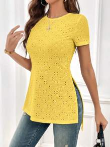 SHEIN Essnce 休閒開衩 網眼刺繡純色女士T恤 - 黃色 - 查看 3