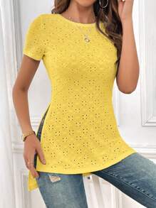 SHEIN Essnce 休閒開衩 網眼刺繡純色女士T恤 - 黃色 - 查看 4