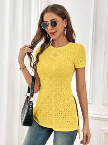 SHEIN Essnce 休閒開衩 網眼刺繡純色女士T恤 - 黃色 - 查看 5