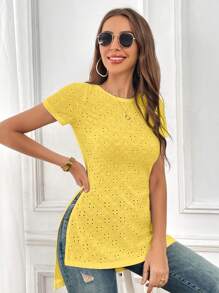 SHEIN Essnce 休閒開衩 網眼刺繡純色女士T恤 - 黃色 - 查看 6