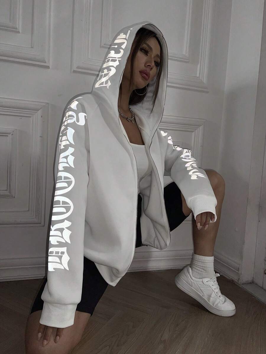 StreetHx Reflective Letter Graphic Zip Up Hoodie Fall Sweatshirt - White - View 1