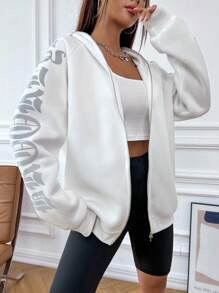 StreetHx Reflective Letter Graphic Zip Up Hoodie Fall Sweatshirt - White - View 4