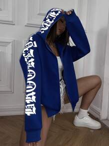 StreetHx Áo hoodie có khóa kéo in chữ phản quang, thích hợp cho lễ tốt nghiệp, tựu trường, lễ tốt nghiệp, giáo viên nữ, áo nỉ mùa thu tựu trường. - Xanh đậm - Xem 5