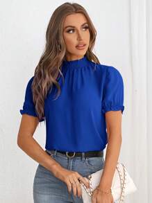 SHEIN Privé Frill Trim Mock Neck Puff Sleeve Blouse - Royal Blue - View 1