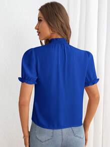 SHEIN Privé Frill Trim Mock Neck Puff Sleeve Blouse - Royal Blue - View 2