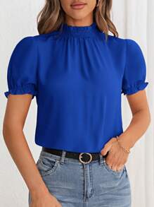 SHEIN Privé Frill Trim Mock Neck Puff Sleeve Blouse - Royal Blue - View 3