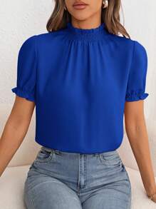 SHEIN Privé Frill Trim Mock Neck Puff Sleeve Blouse - Royal Blue - View 4