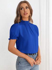 SHEIN Privé Frill Trim Mock Neck Puff Sleeve Blouse - Royal Blue - View 6