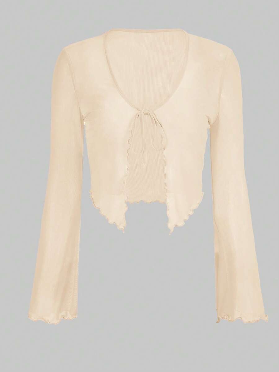 SHEIN ICON Tie Trước Ren Mộc nhĩ Tay áo kèn Lưới Áo - Màu be - Xem 1