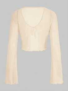 SHEIN ICON Tie Trước Ren Mộc nhĩ Tay áo kèn  Lưới Áo - Màu be - Xem 2
