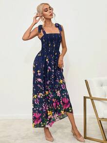 SHEIN Privé Floral Print Tie Shoulder Cami Dress - Blue - View 6