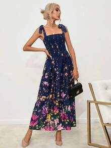 SHEIN Privé Floral Print Tie Shoulder Cami Dress - Blue - View 3