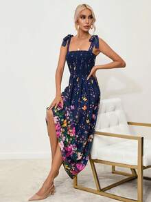 SHEIN Privé Floral Print Tie Shoulder Cami Dress - Blue - View 4