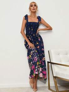 SHEIN Privé Floral Print Tie Shoulder Cami Dress - Blue - View 5