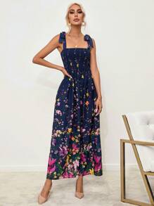 SHEIN Privé Floral Print Tie Shoulder Cami Dress - Blue - View 1