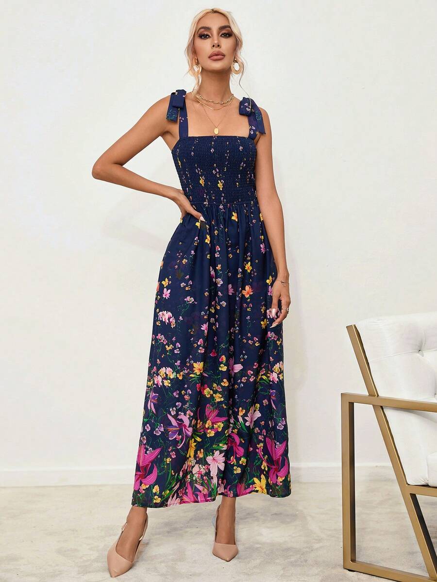 SHEIN Privé Floral Print Tie Shoulder Cami Dress - Blue - View 1