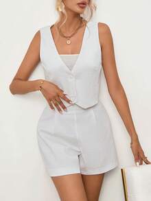 SHEIN Privé 素色短款馬甲西裝外套&短褲 - 白色 - 查看 4