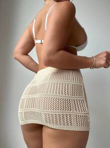 SHEIN Swim Xu hướng: Cắt giảm Váy che Không có Bikini - Màu be - Xem 2