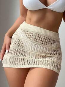 SHEIN Swim Xu hướng: Cắt giảm Váy che Không có Bikini - Màu be - Xem 3