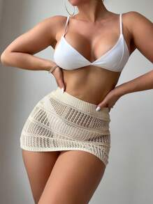 SHEIN Swim Xu hướng: Cắt giảm Váy che Không có Bikini - Màu be - Xem 5