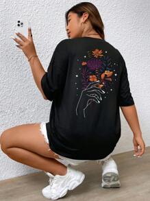 Flirla Plus Floral & Figure Graphic Drop Shoulder Tee For Summer - Black - View 1