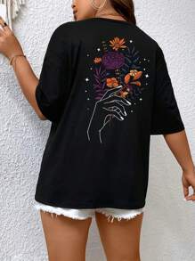 Flirla Plus Floral & Figure Graphic Drop Shoulder Tee For Summer - Black - View 3