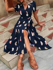 SHEIN LUNE Feather Print Knot Side Wrap Dress - Navy Blue - View 6