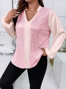 SHEIN Clasi 大碼燈籠袖亮片襯衫 - 淺粉色 - 查看 5