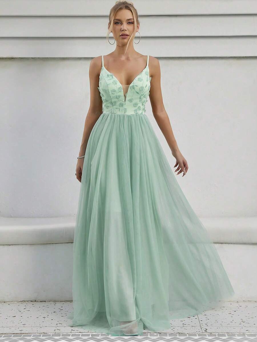 Floral Appliques Mesh Overlay Cami Wedding Dress - Mint Green - View 1