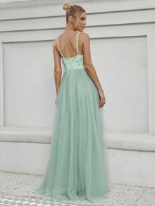 Floral Appliques Mesh Overlay Cami Wedding Dress - Mint Green - View 2