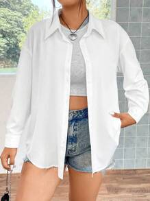Flirla Plus Drop Shoulder Button Front Shirt Fall Cloth For Women - White - View 3