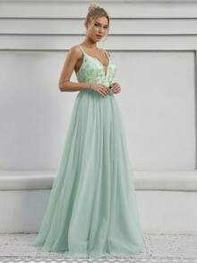 Floral Appliques Mesh Overlay Cami Wedding Dress - Mint Green - View 4