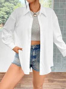 Flirla Plus Drop Shoulder Button Front Shirt Fall Cloth For Women - White - View 4