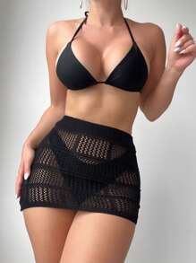 SHEIN Swim 鏤空沙灘纏腰式半身裙不附比基尼下裝 - 黑色 - 查看 3