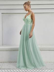 Floral Appliques Mesh Overlay Cami Wedding Dress - Mint Green - View 6