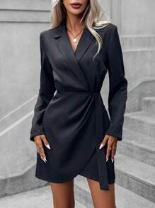 SHEIN Clasi Women Dresses Membungkus Plain Anggun - Hitam - View 5