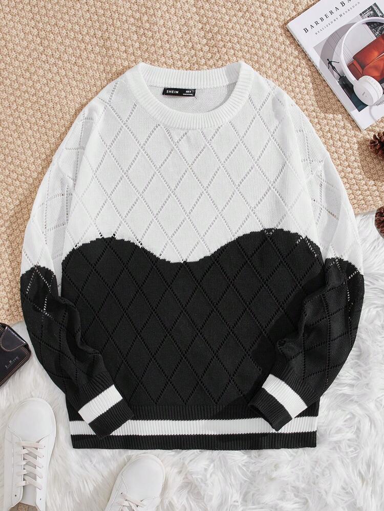 Loose Fit Men's Two Tone Drop Shoulder Sweater, For Fall Winter