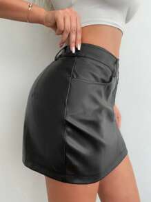 SHEIN SXY 不對稱腰亮面包臀半身裙 - 黑色 - 查看 3