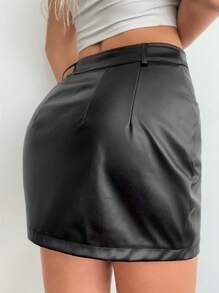 SHEIN SXY 不對稱腰亮面包臀半身裙 - 黑色 - 查看 6