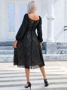 SHEIN Privé 方領燈籠袖A字連衣裙 - 黑色 - 查看 2