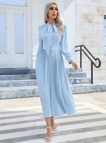 SHEIN Privé Tie Neck Pleated Hem Dress - Baby Blue - View 1