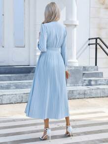 SHEIN Privé Tie Neck Pleated Hem Dress - Baby Blue - View 2