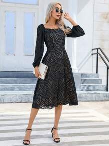 SHEIN Privé 方領燈籠袖A字連衣裙 - 黑色 - 查看 5