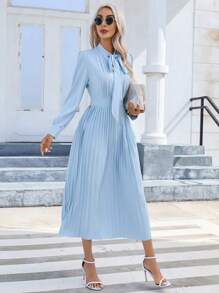 SHEIN Privé Tie Neck Pleated Hem Dress - Baby Blue - View 3