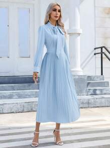 SHEIN Privé Tie Neck Pleated Hem Dress - Baby Blue - View 5