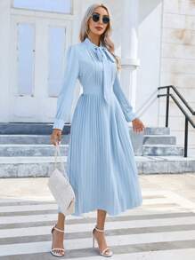 SHEIN Privé Tie Neck Pleated Hem Dress - Baby Blue - View 6