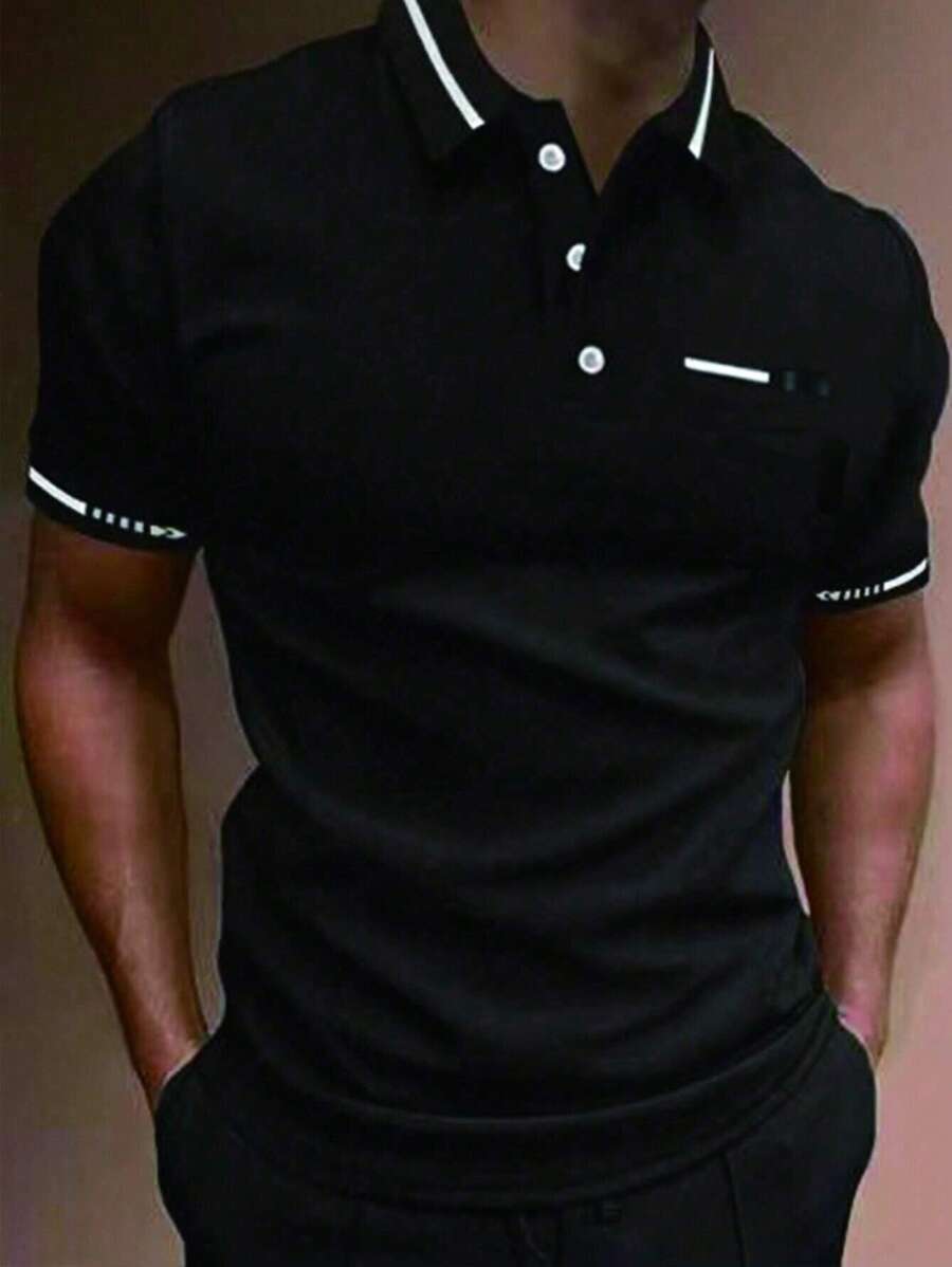 Manfinity Homme 男士大碼拼接短袖Polo衫，黑色工作商務休閒Polo衫 - 黑色 - 查看 1