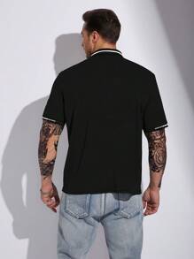 Manfinity Homme 男士大碼拼接短袖Polo衫，黑色工作商務休閒Polo衫 - 黑色 - 查看 2