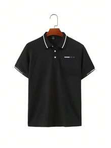 Manfinity Homme 男士大碼拼接短袖Polo衫，黑色工作商務休閒Polo衫 - 黑色 - 查看 4