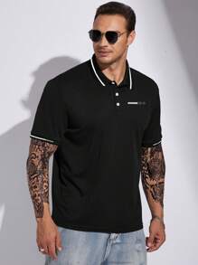 Manfinity Homme 男士大碼拼接短袖Polo衫，黑色工作商務休閒Polo衫 - 黑色 - 查看 5